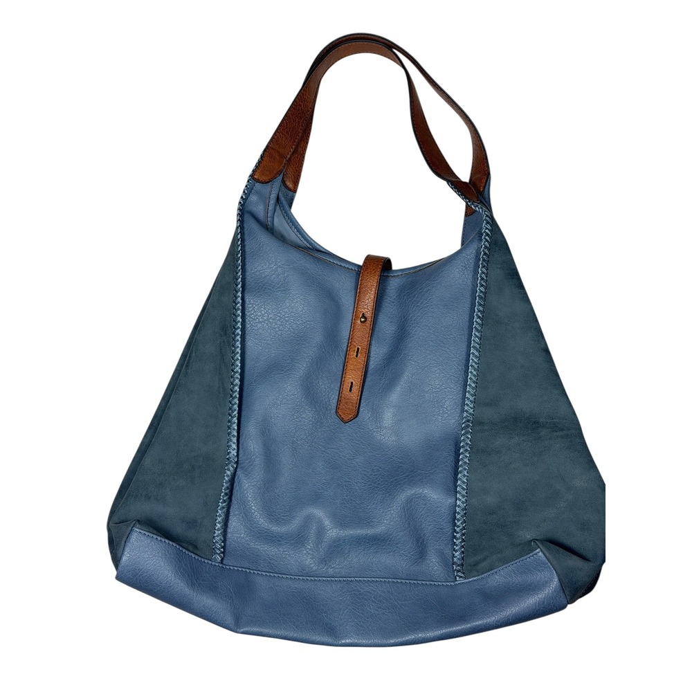Blue Mixed Media Faux Leather Hobo Shoulder Bag with Braided Stitch Detail
